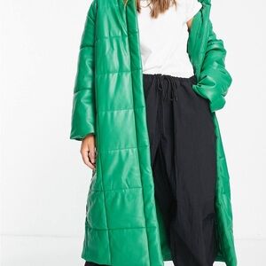 Green Faux Leather Quilted Women's Coat
